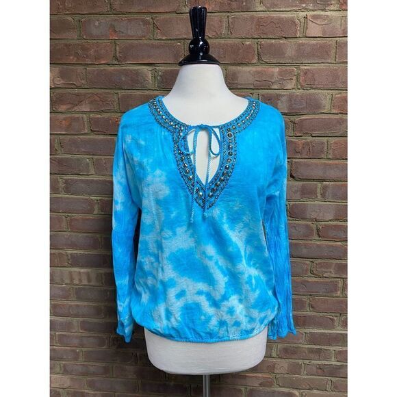Michael Michael Kors Blue Tie Dye Jeweled Long Sleeve Top Size Medium - Picture 2 of 6